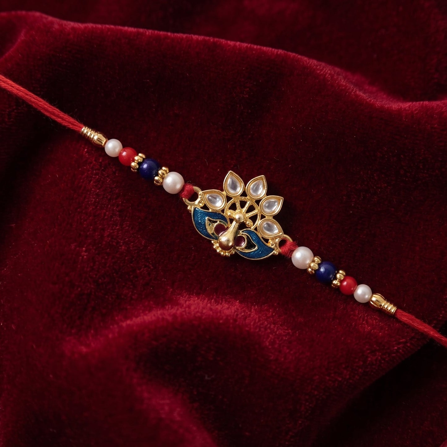 Side view of intricate peacock rakhi highlighting pearl embellishments