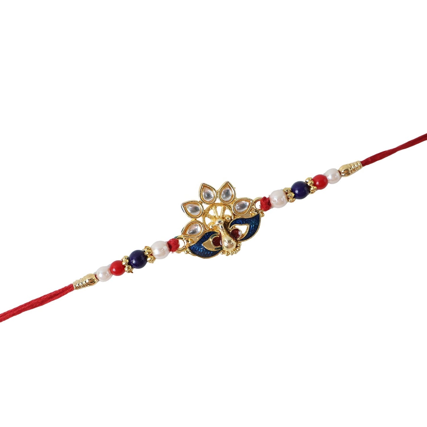Pearl bead embellishments on stylish peacock rakhi