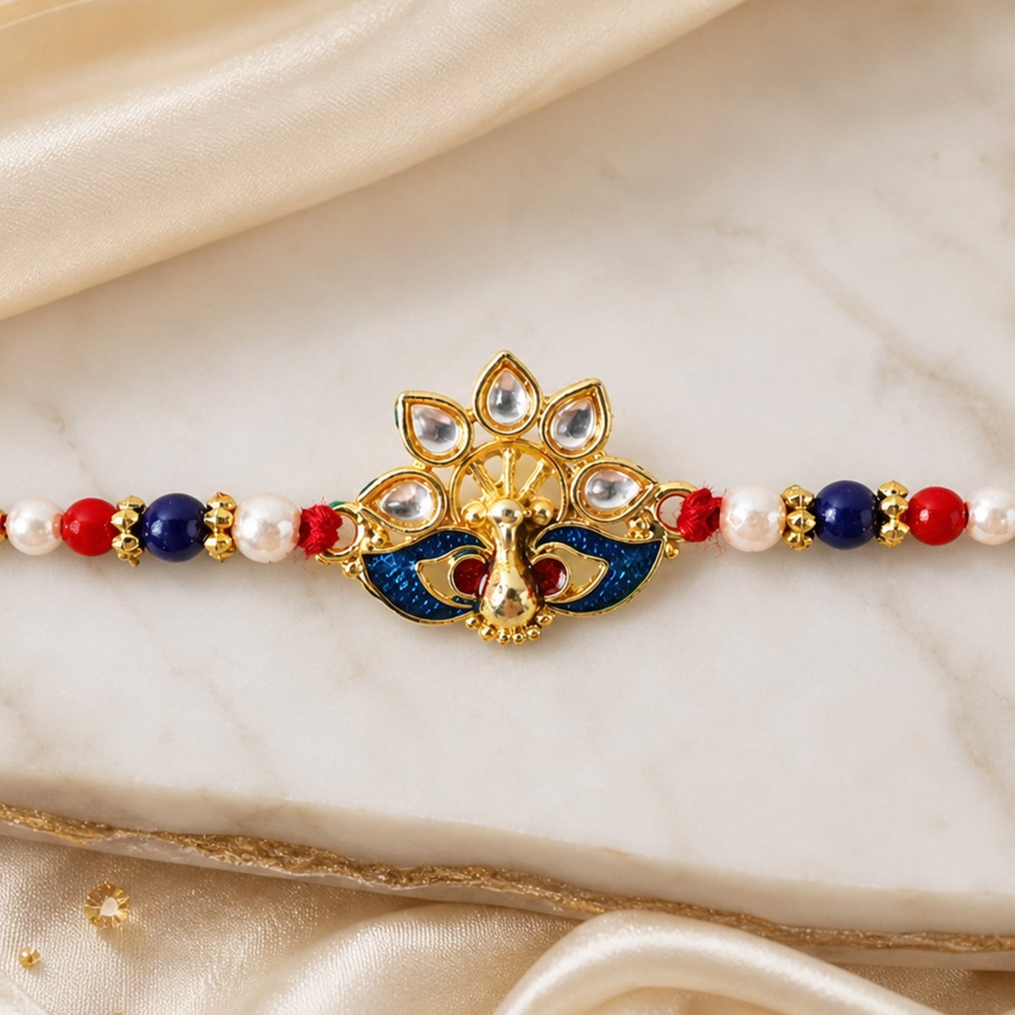 Peacock rakhi with red thread and pearl beads placed on white background
