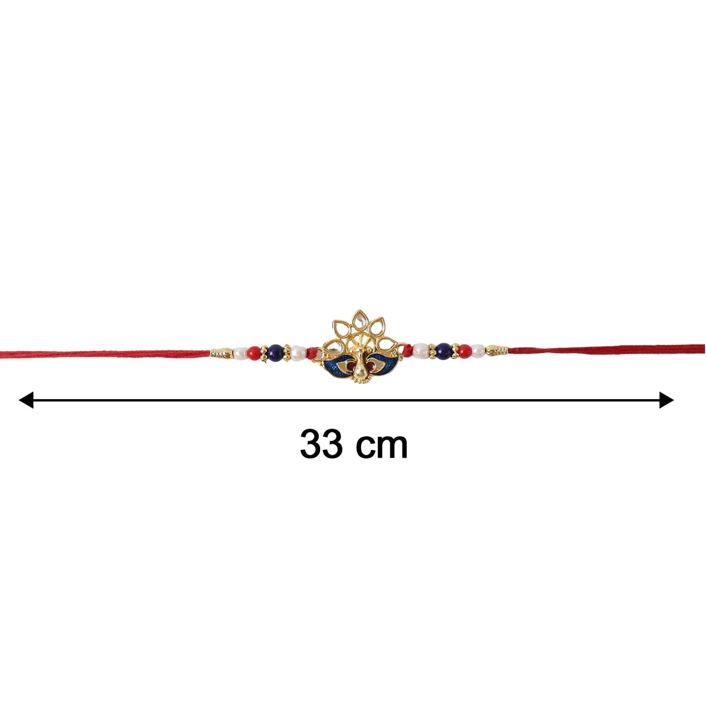 Packaged peacock rakhi with red thread and pearl beads