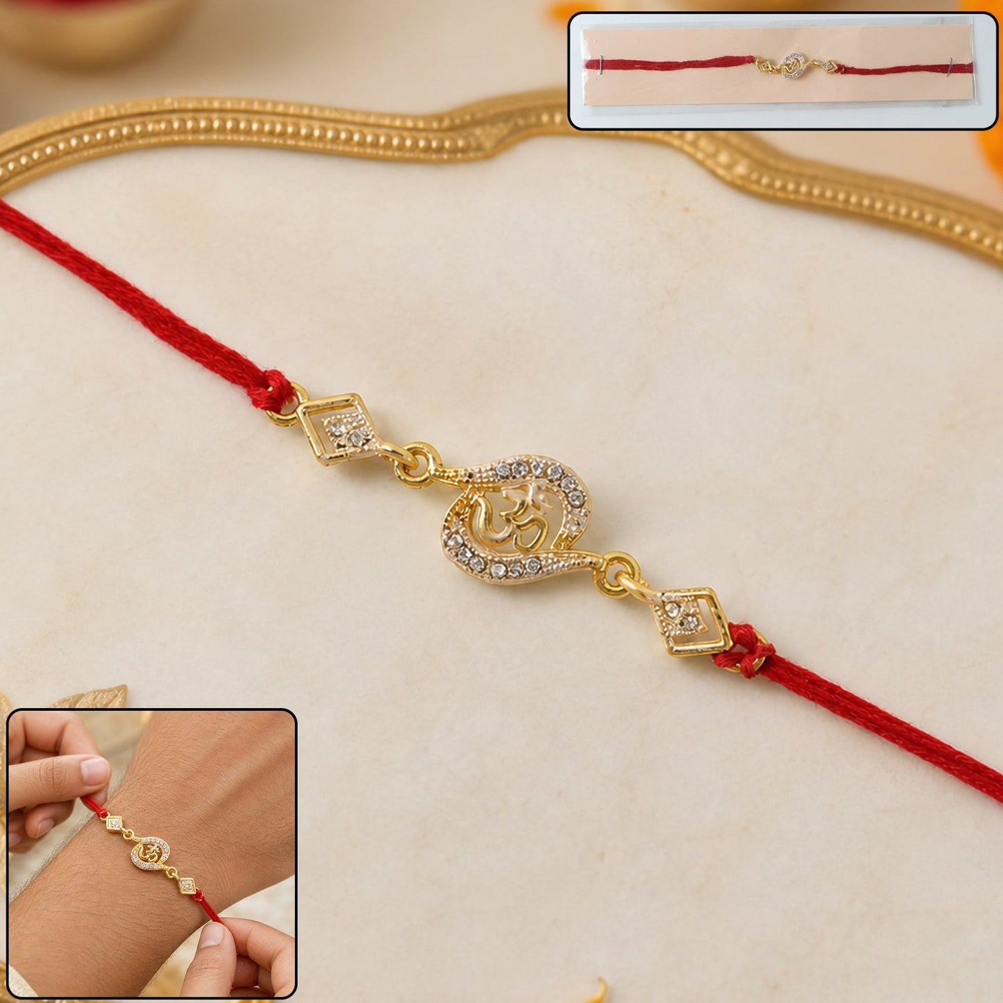 Elegant Om Rakhi with stone work and vibrant red thread for Raksha Bandhan