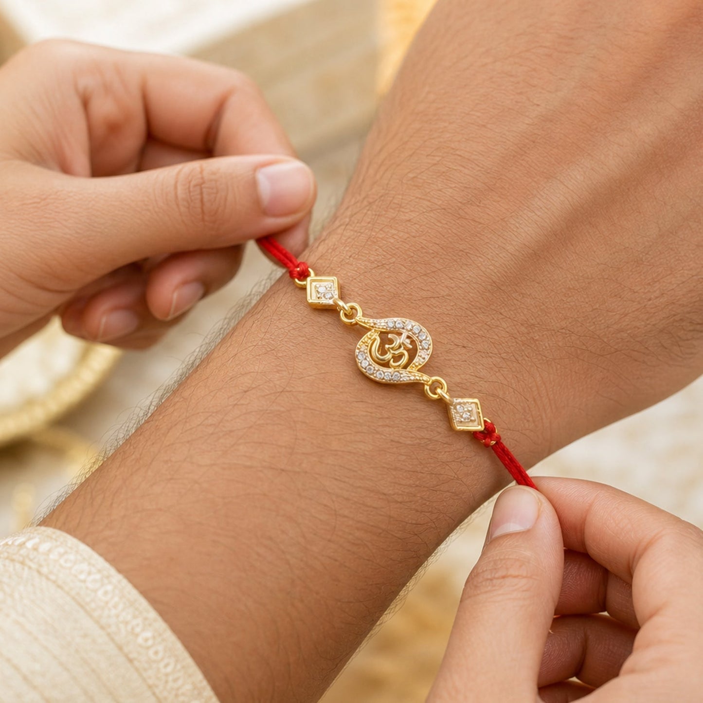 Side view of Om Rakhi with detailed stone embellishments and red thread