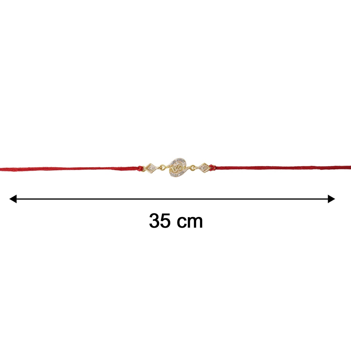 Golden Om Rakhi with detailed stone embellishments displayed on white background