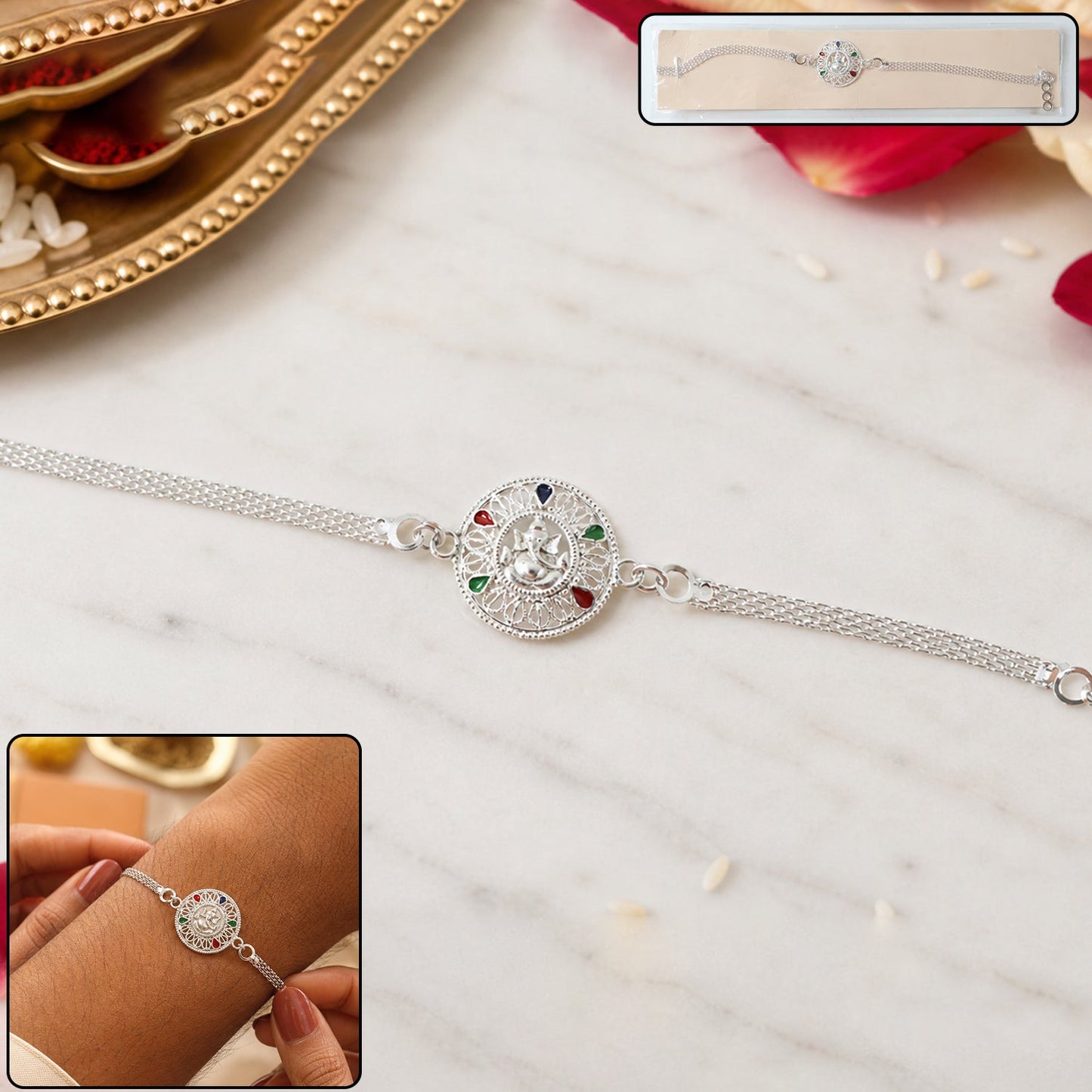 Silver Ganesh chain Rakhi with round designer motif front view