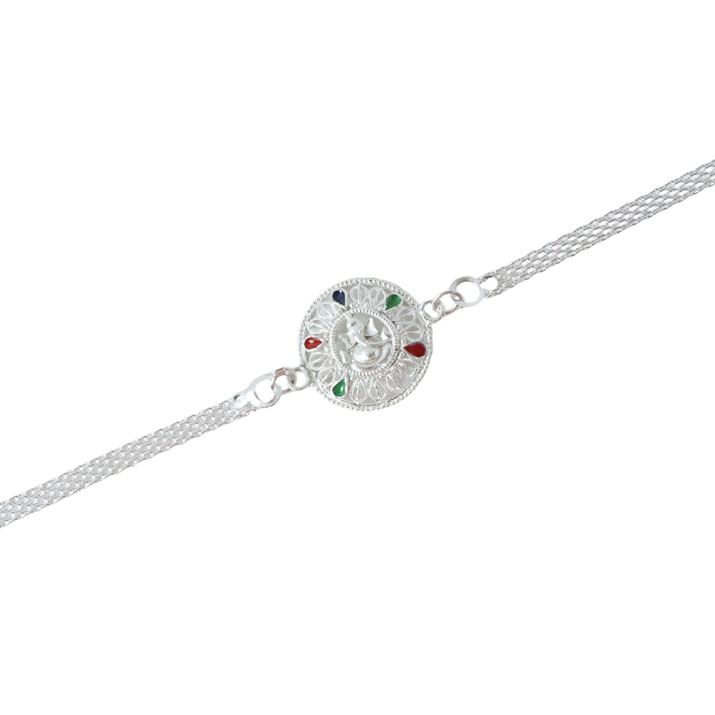 Silver Ganesh Rakhi displayed on white background