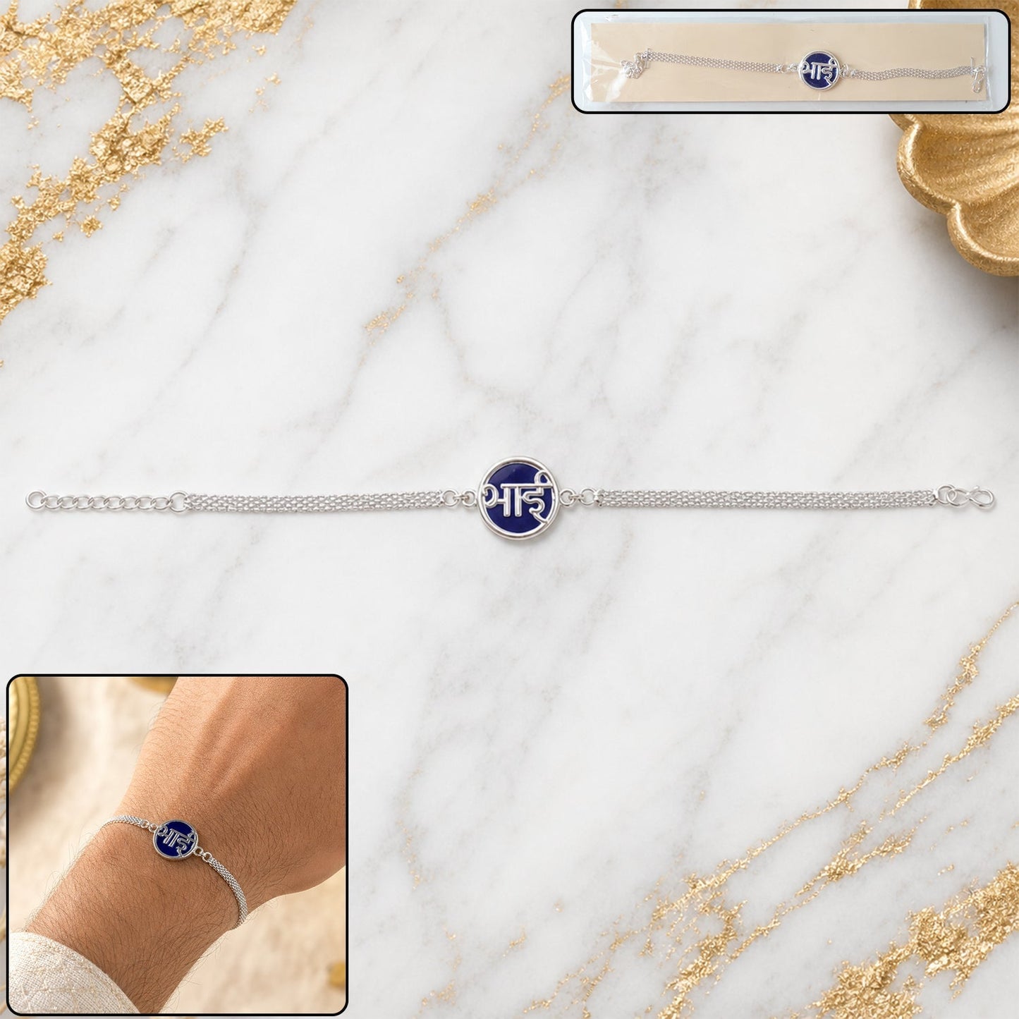 Front view of elegant Silver Chain Rakhi with blue round centerpiece.
