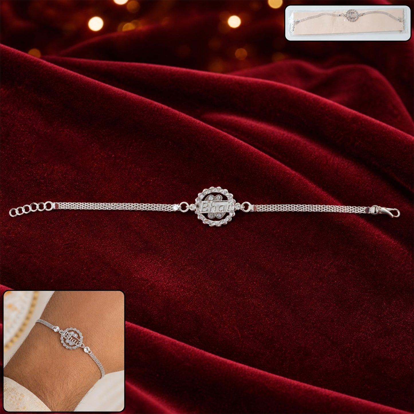 Front view of the Silver Bhai Chain Rakhi featuring its stylish round designer charm.
