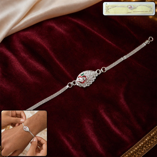 Silver Om Chain Rakhi front view on white background