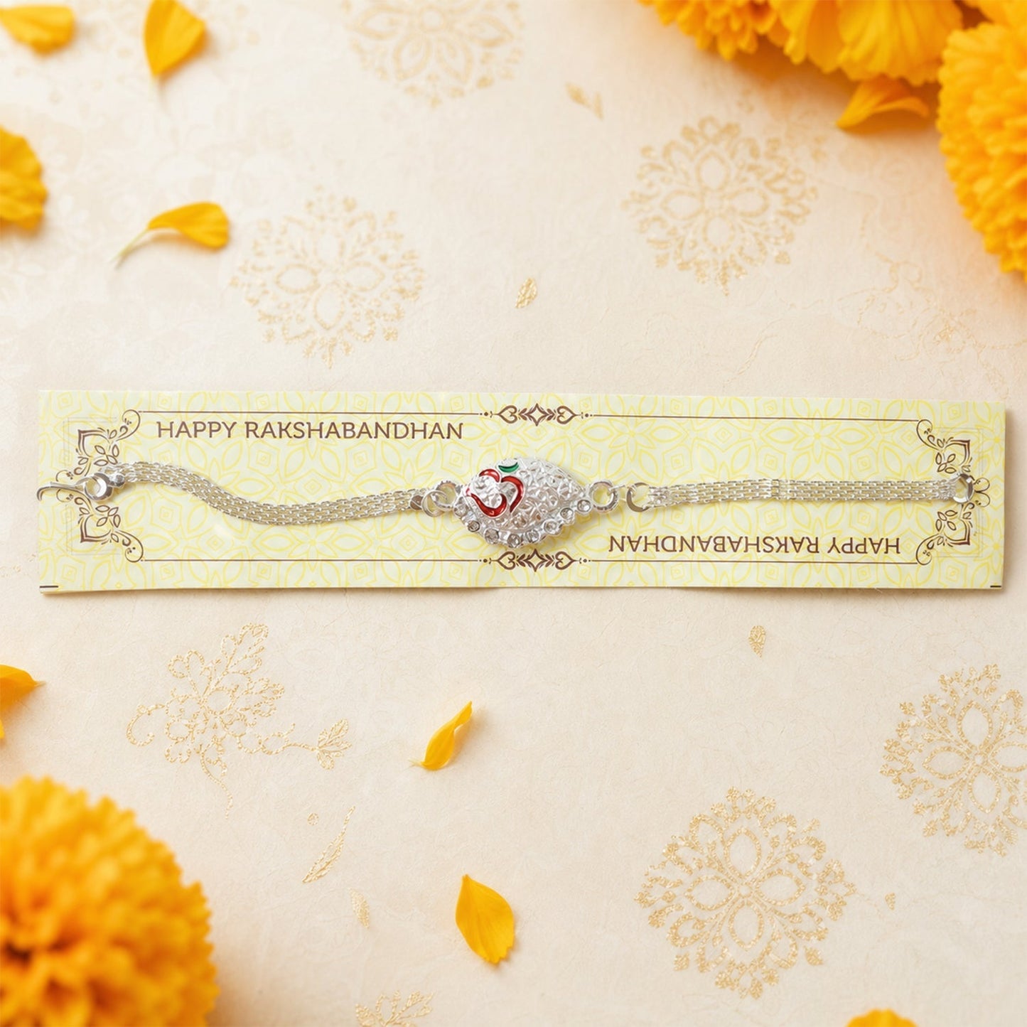 Side angle view of Silver Om Chain Rakhi showing chain