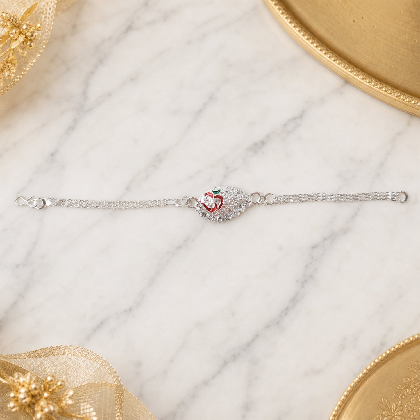 Close-up of Silver Om Chain Rakhi elegant chain