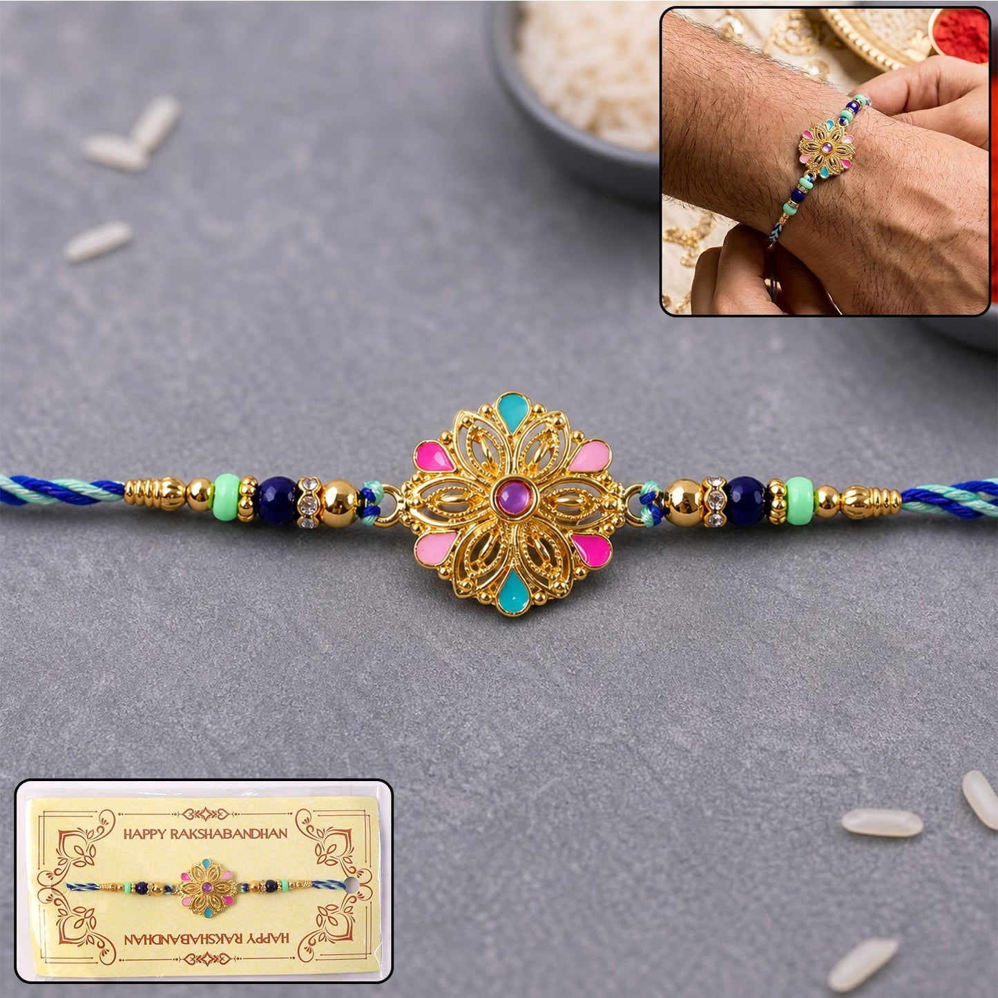 Bright floral charm beaded rakhi for Raksha Bandhan
