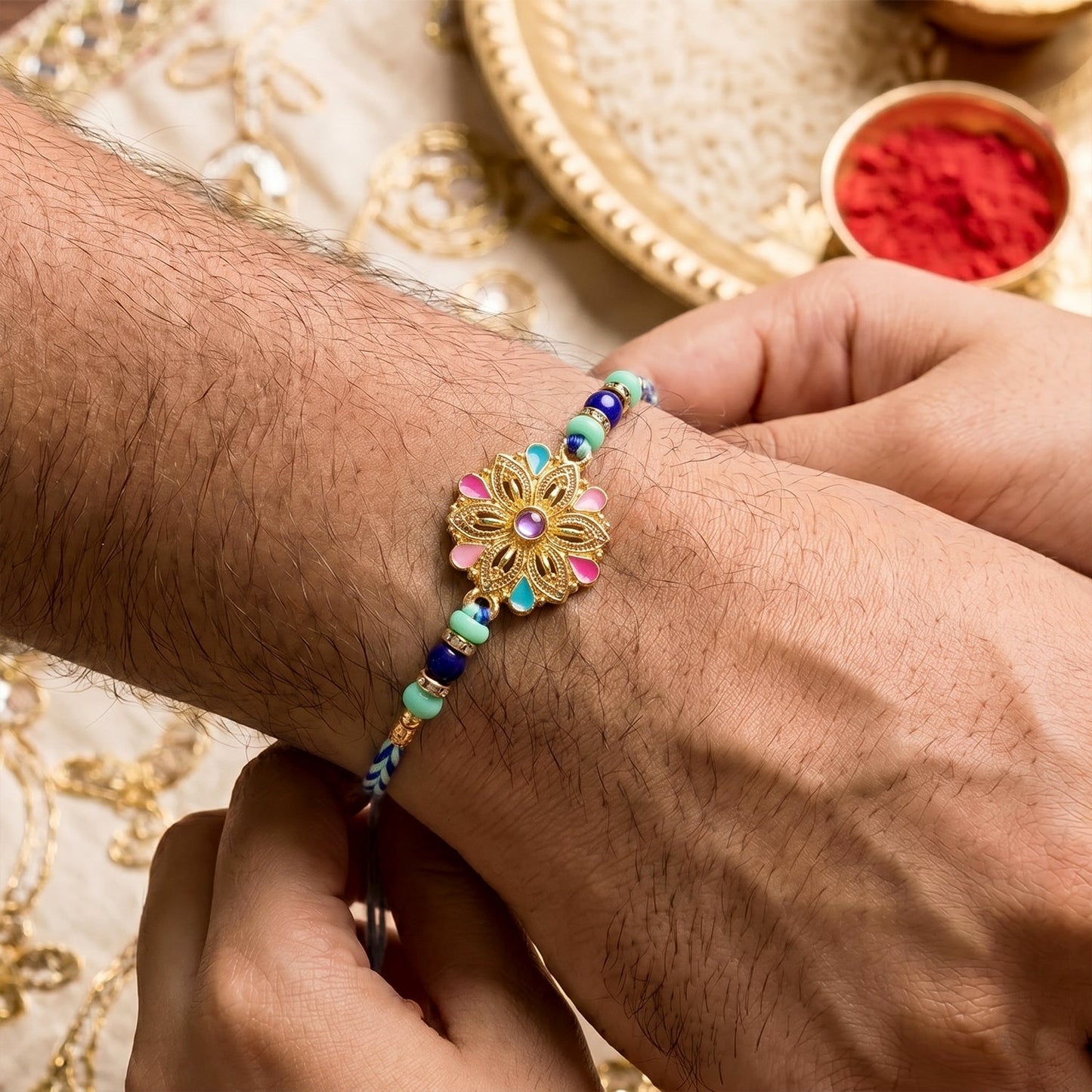 Colorful floral beaded rakhi for brother with multicolored beads