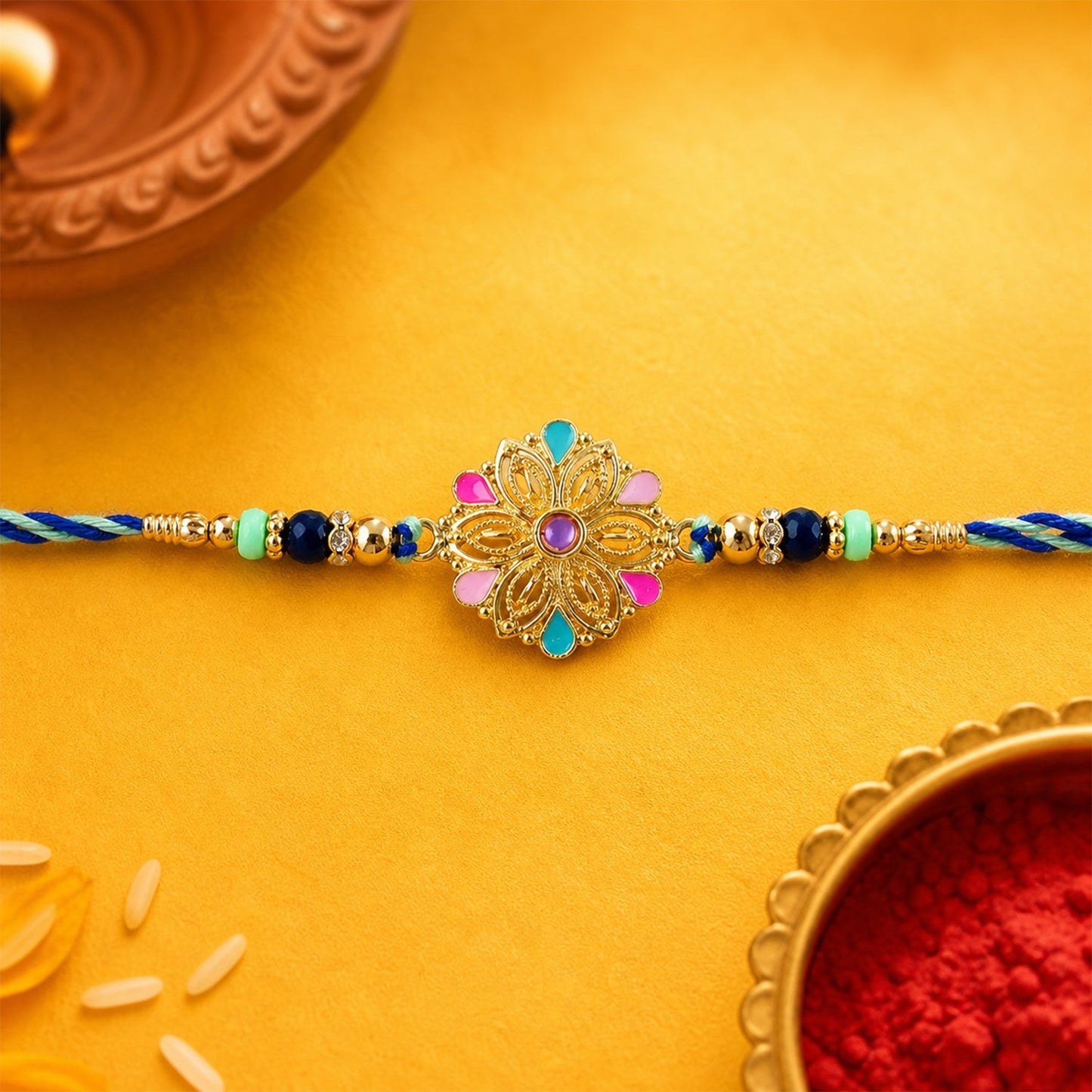 Designer floral rakhi with beads for siblings