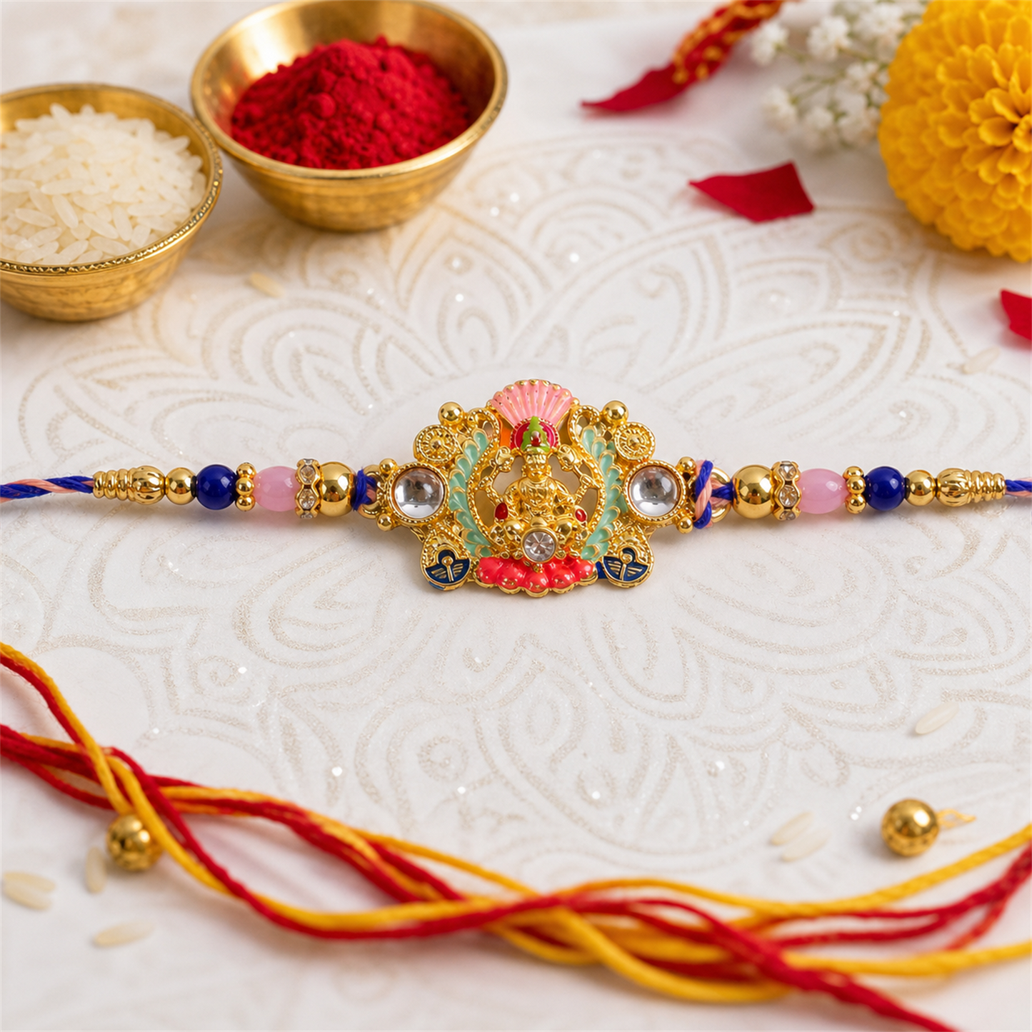 Colorful thread tying Goddess charm rakhi for brother