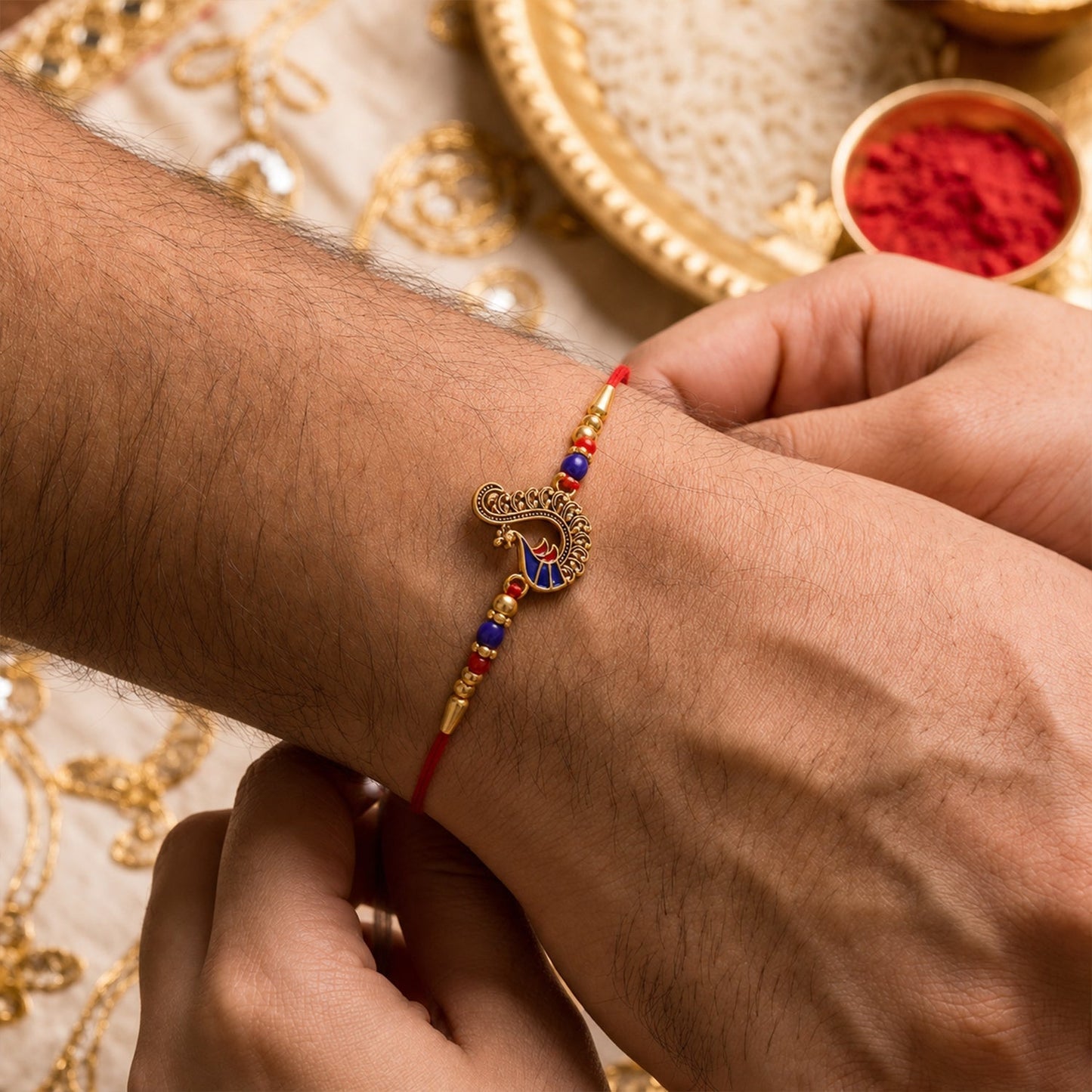 Traditional peacock design rakhi with thread for brother