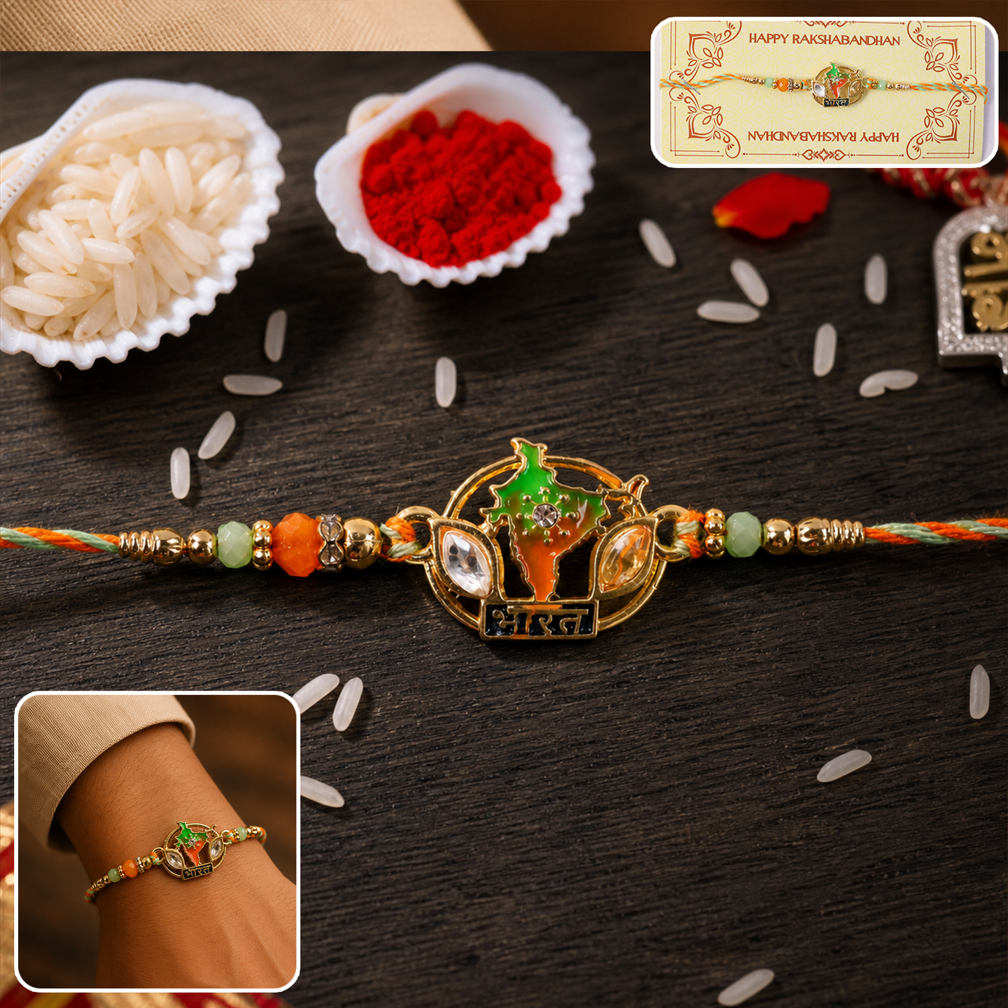 Side angle of Bharat India Map Charm Beaded Rakhi showcasing detailed beads