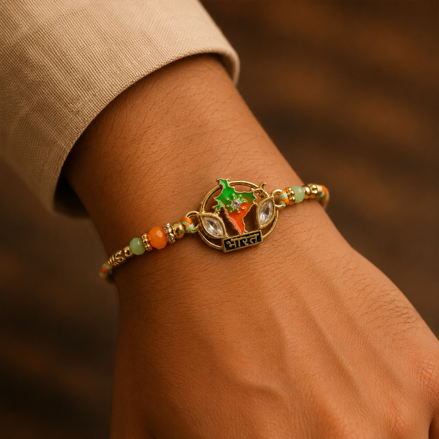 Colorful beads and detailed map charm on Rakhi