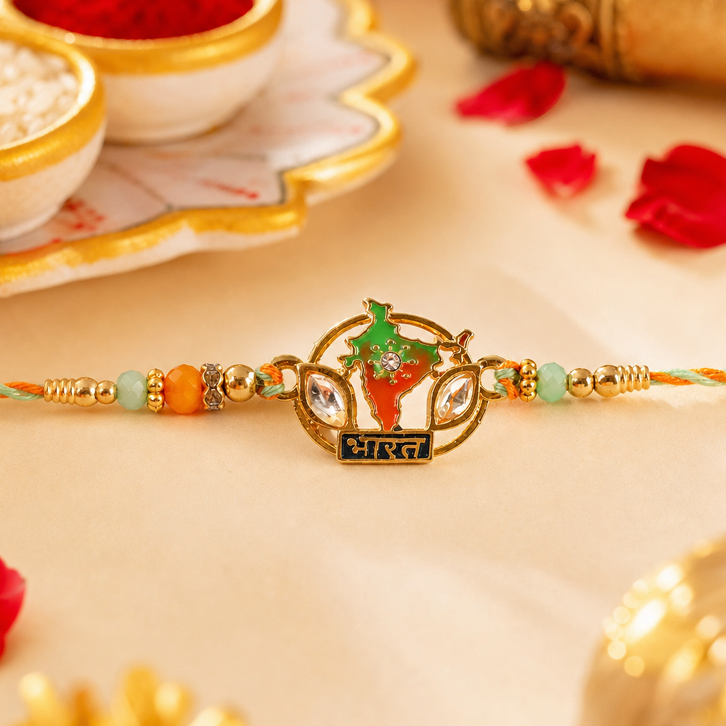 Stylish Bharat India Map charm Rakhi with decorative beads