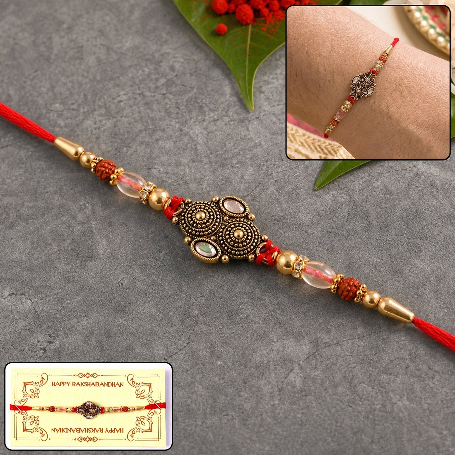 Close-up of Rudraksha charm on Rakhi for brother