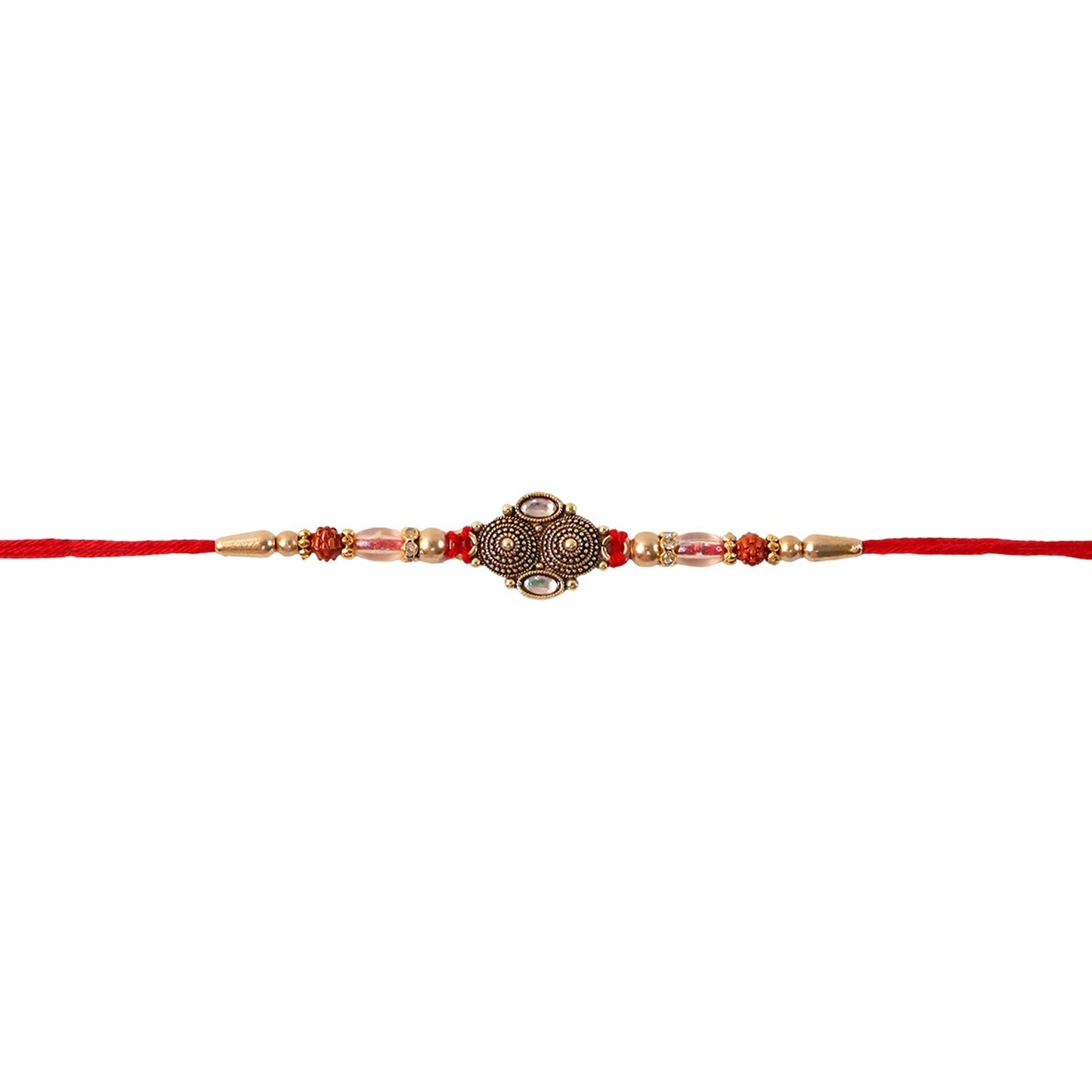 Festive traditional Rudraksha Rakhi on wrist