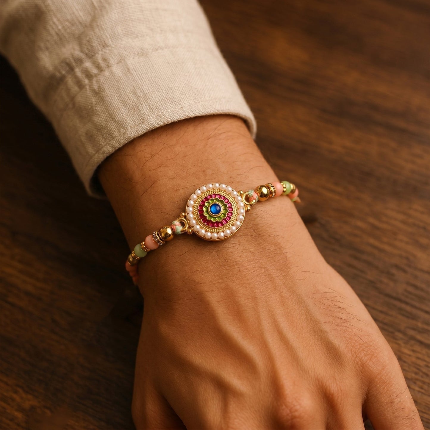 Close-up of pearl and floral beads on rakhi for brother