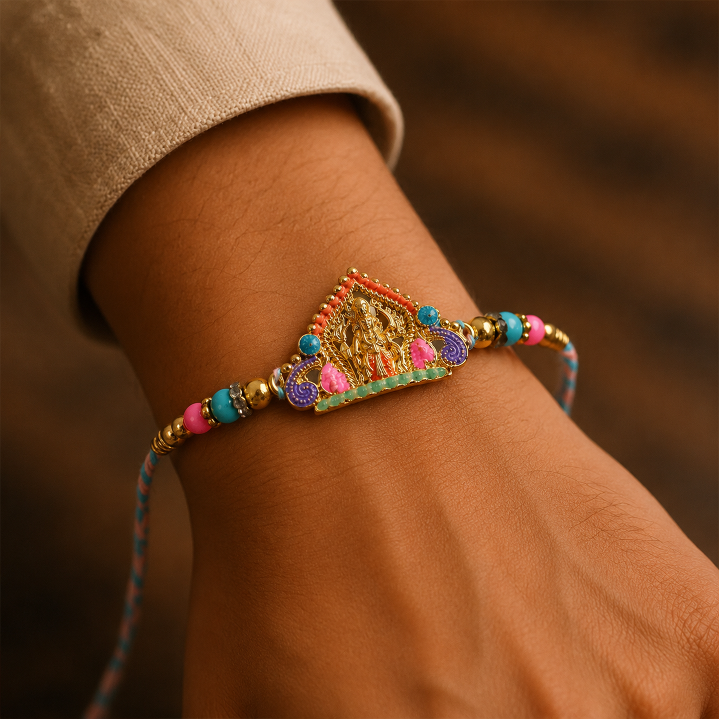Close-up of colourful Divine Idol Charm Rakhi for brother