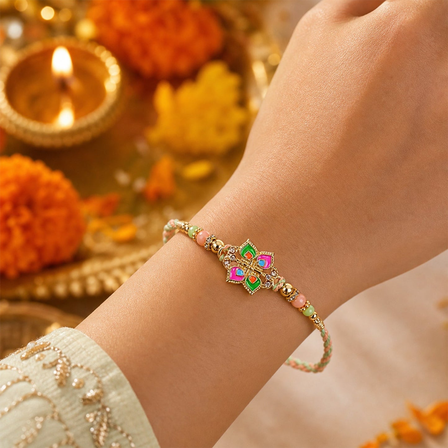 Beaded floral rakhi tied with red thread on wrist