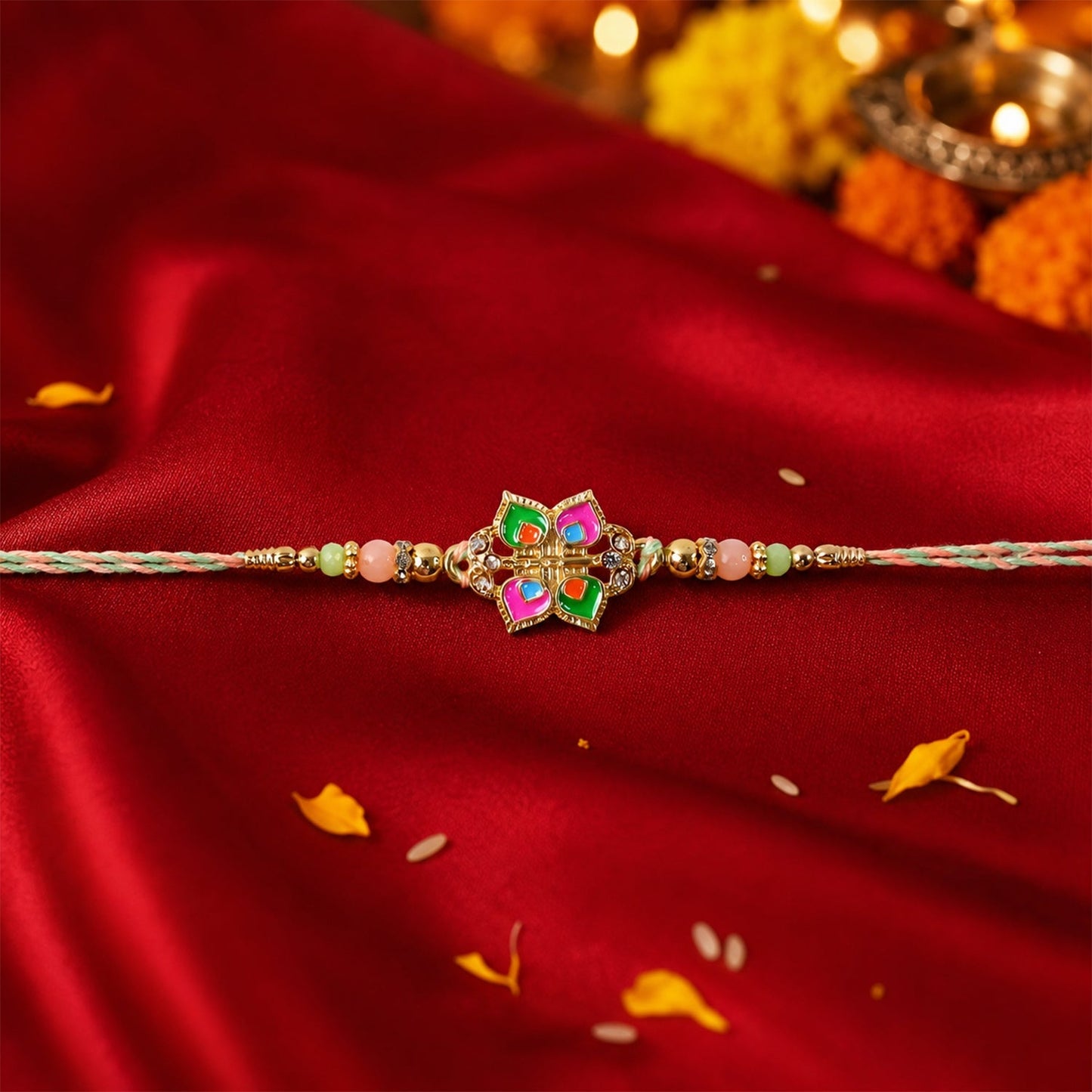 Front view of colorful floral rakhi with beads