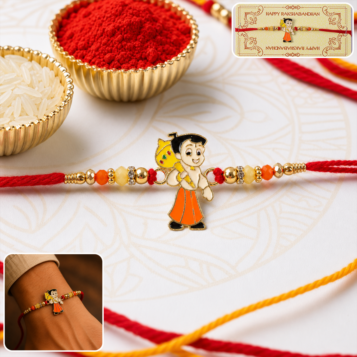 Close-up of Chhota Bheem charm on rakhi with beads