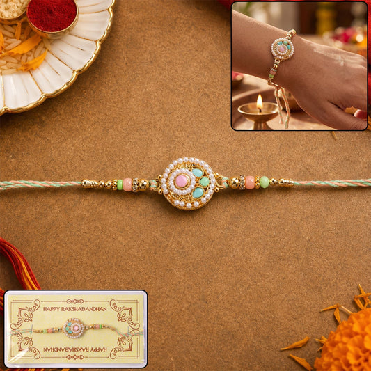 Pastel pearl round charm rakhi with beads for brother