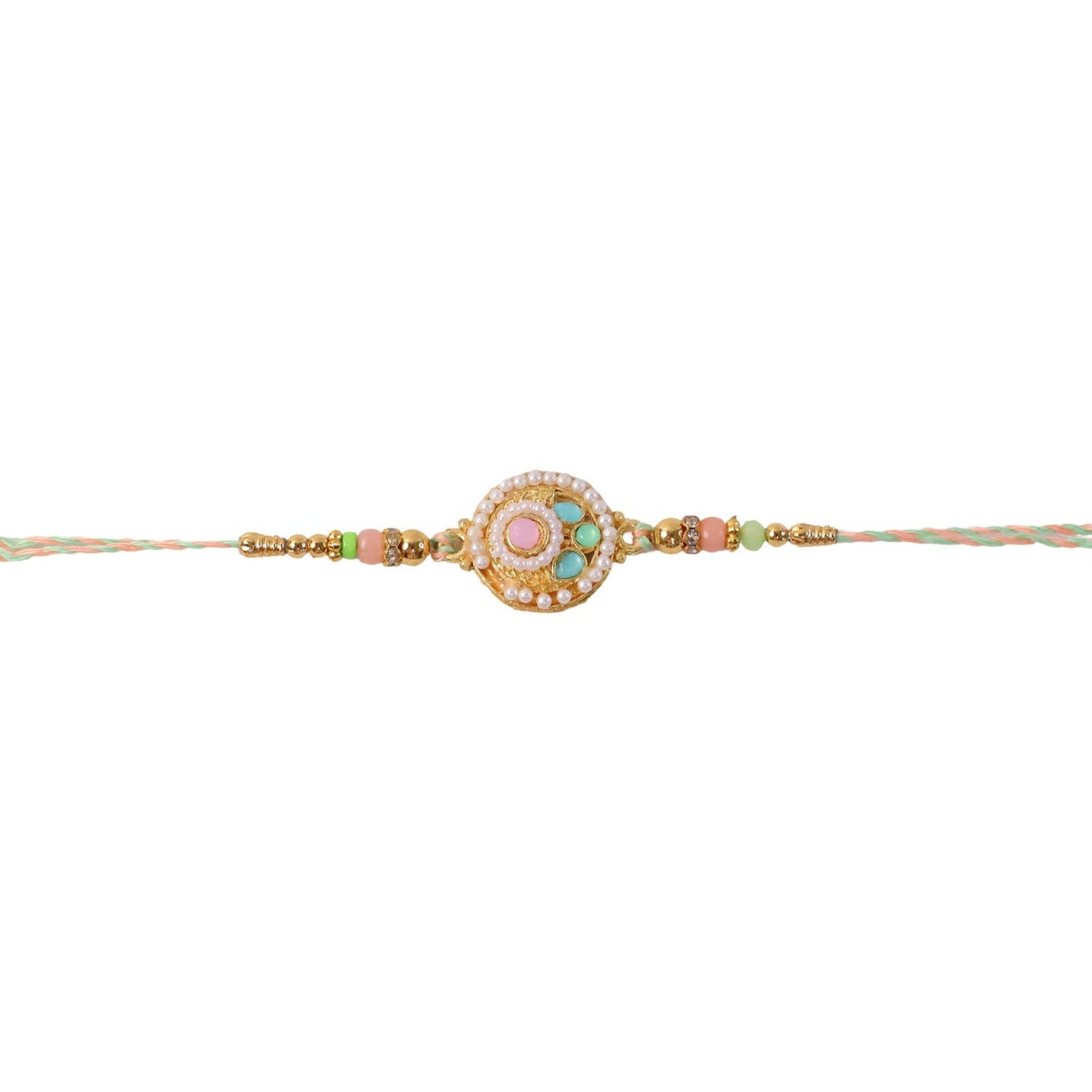 Side angle showing beads on pastel pearl rakhi