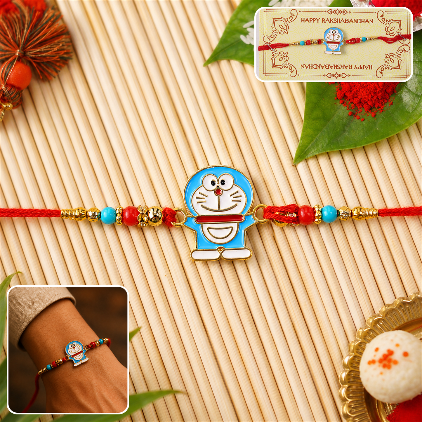 Designer blue character beaded rakhi with attractive details