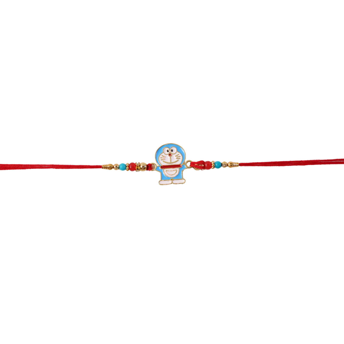 Close-up of blue character charm and beads on rakhi