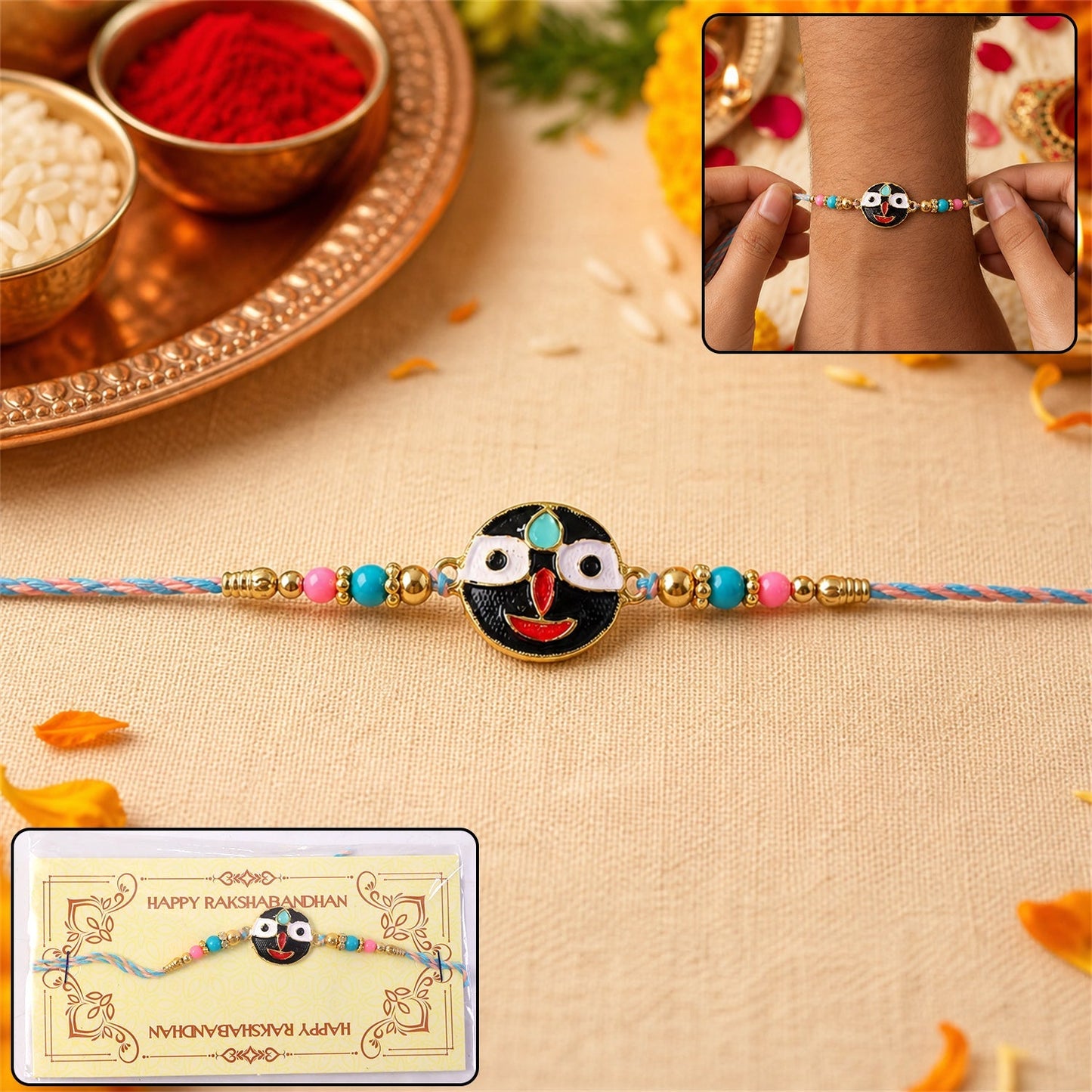 Colorful deity face charm with beads on rakhi, traditional festival accessory