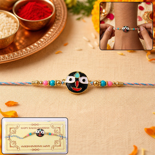 Colorful deity face charm with beads on rakhi, traditional festival accessory