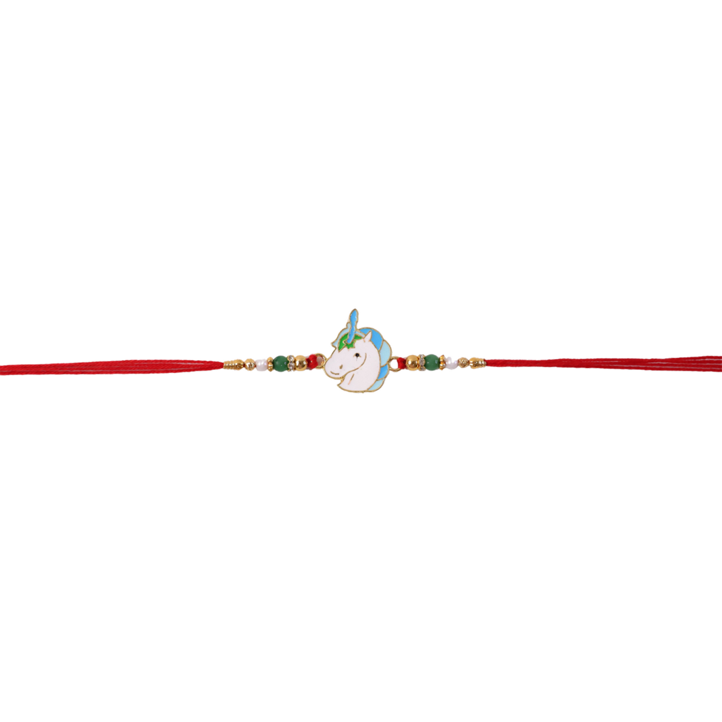 Close-up of unicorn charm rakhi beads and charm
