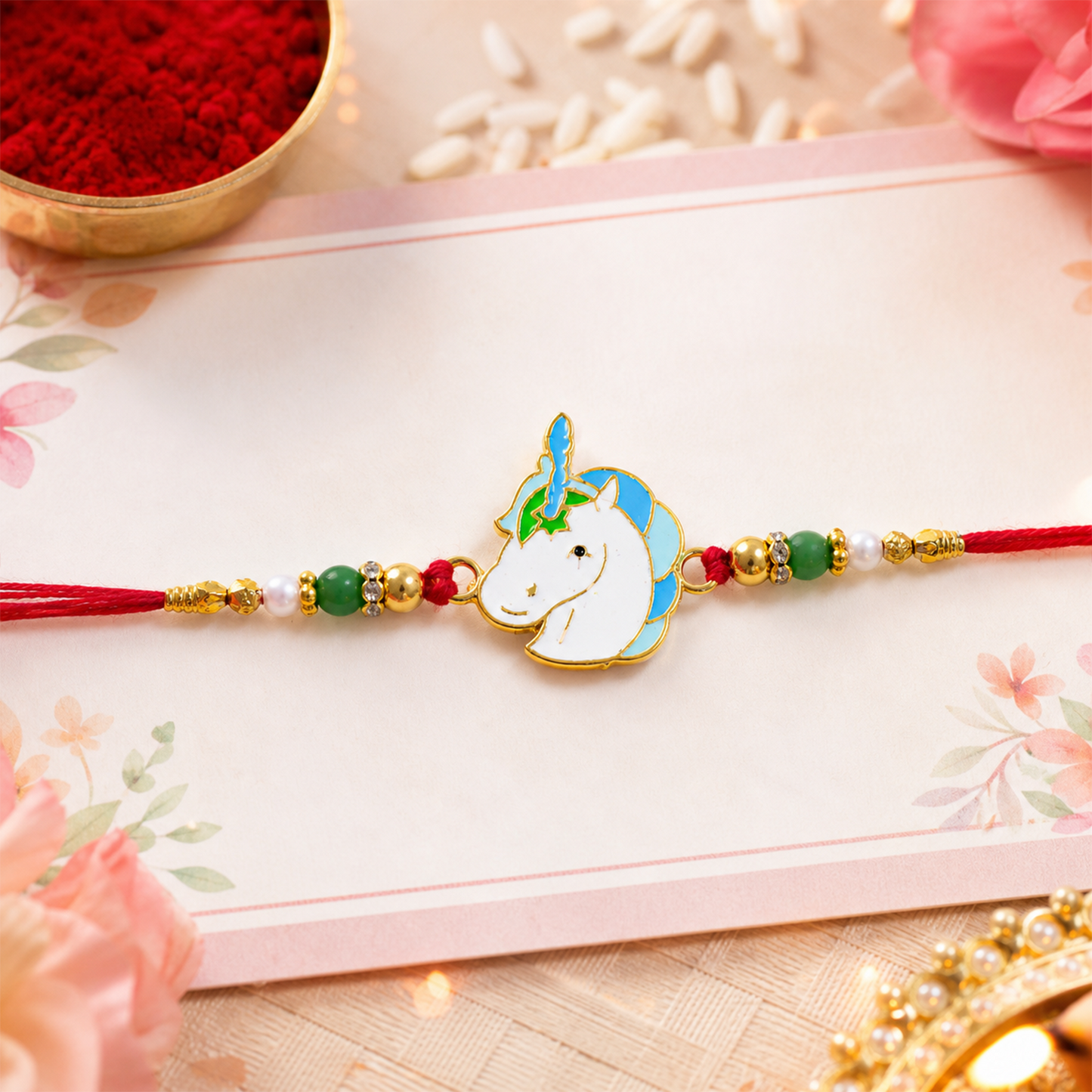Unicorn beaded rakhi displayed on a round platform