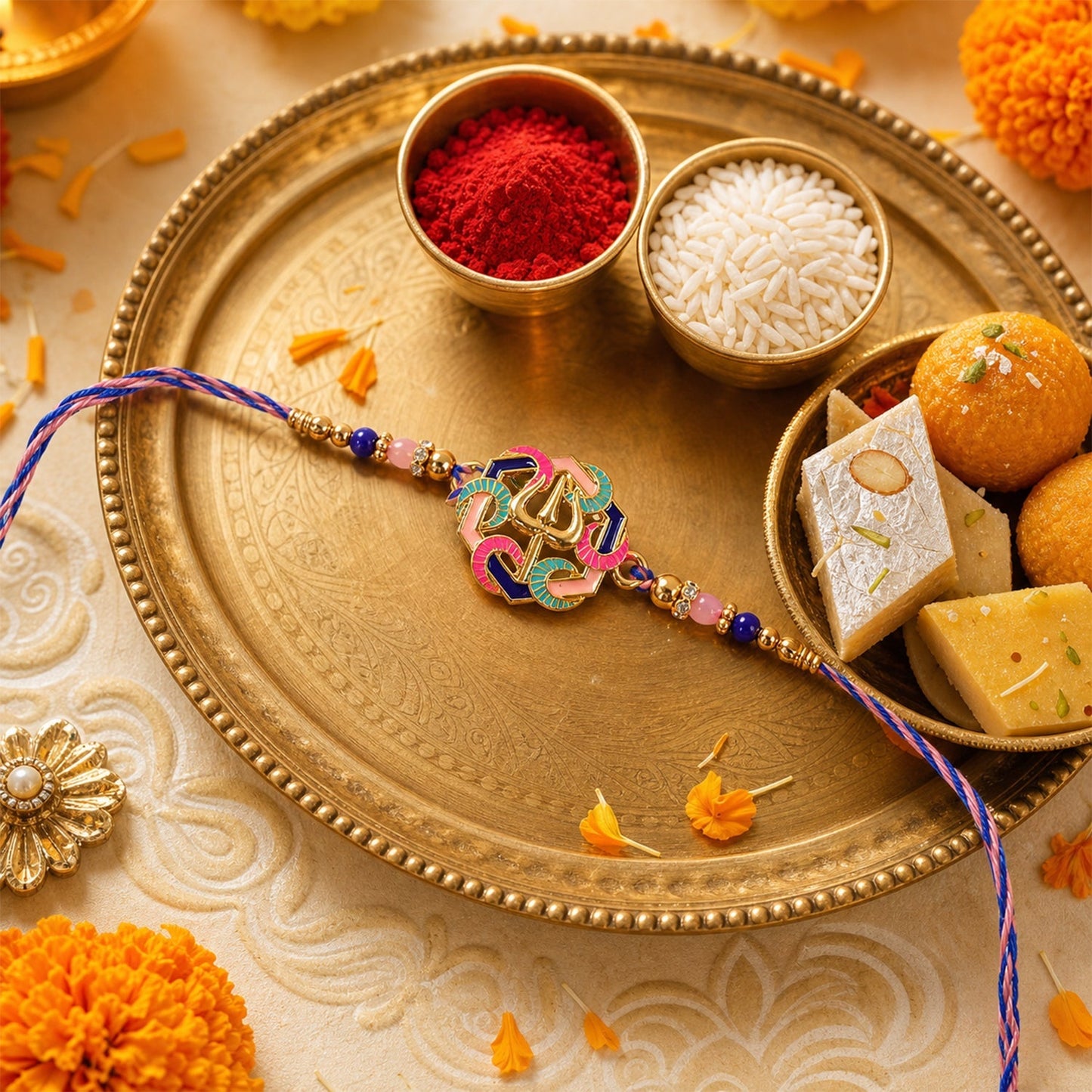 Side view of colorful trishul charm rakhi