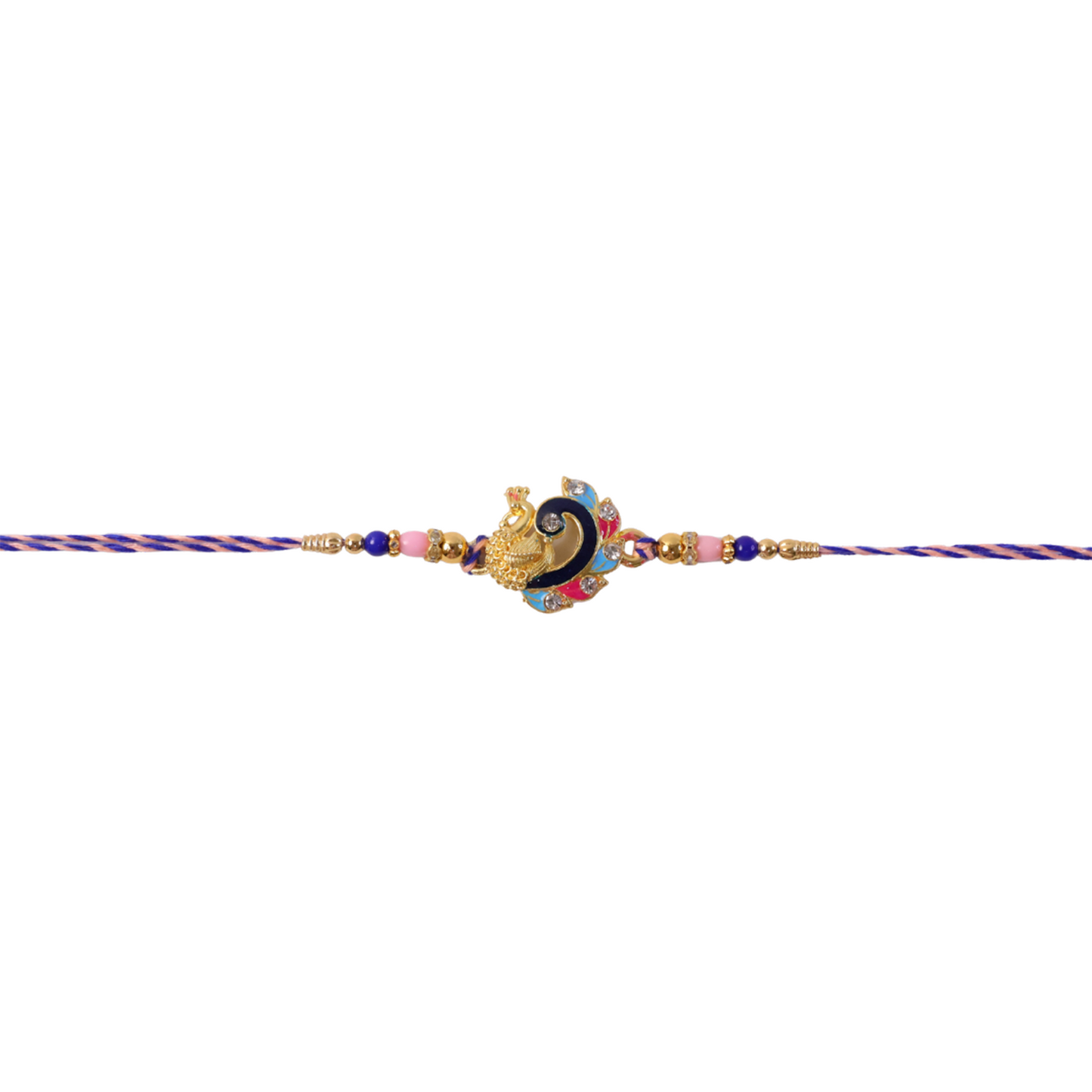 Blue enamel peacock charm rakhi with beads - front view