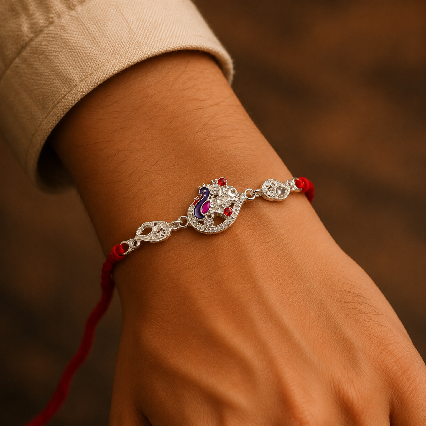 Close-up of silver peacock charm Rakhi on red thread