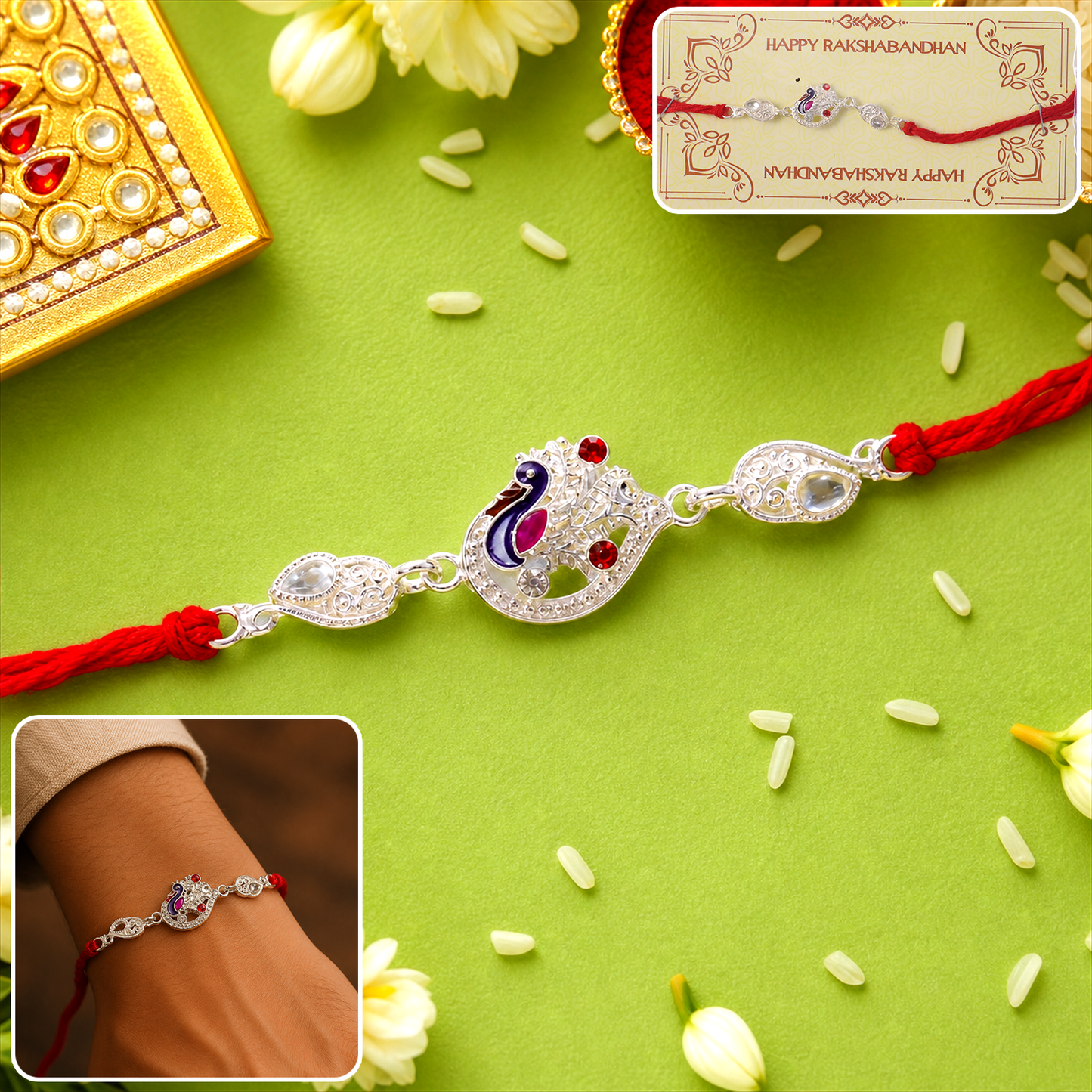 Silver peacock charm Rakhi with red thread, perfect for Raksha Bandhan