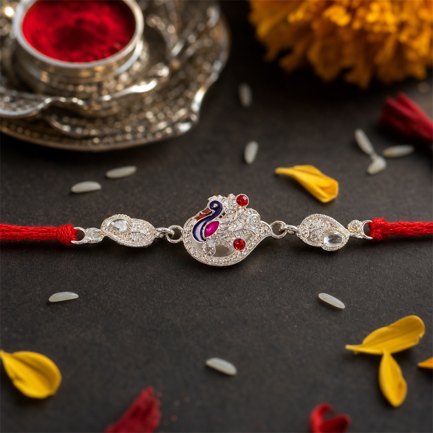 Silver peacock charm Rakhi tied with red thread for Raksha Bandhan