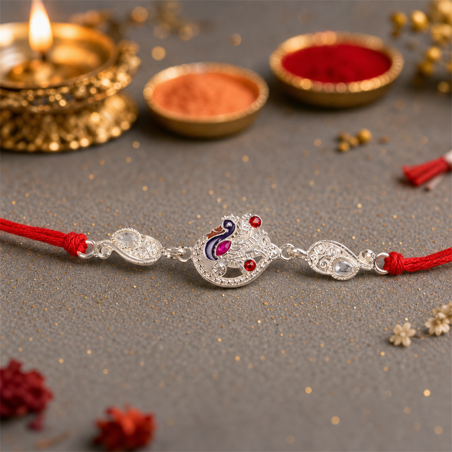 Detailed view of silver peacock Rakhi with red thread