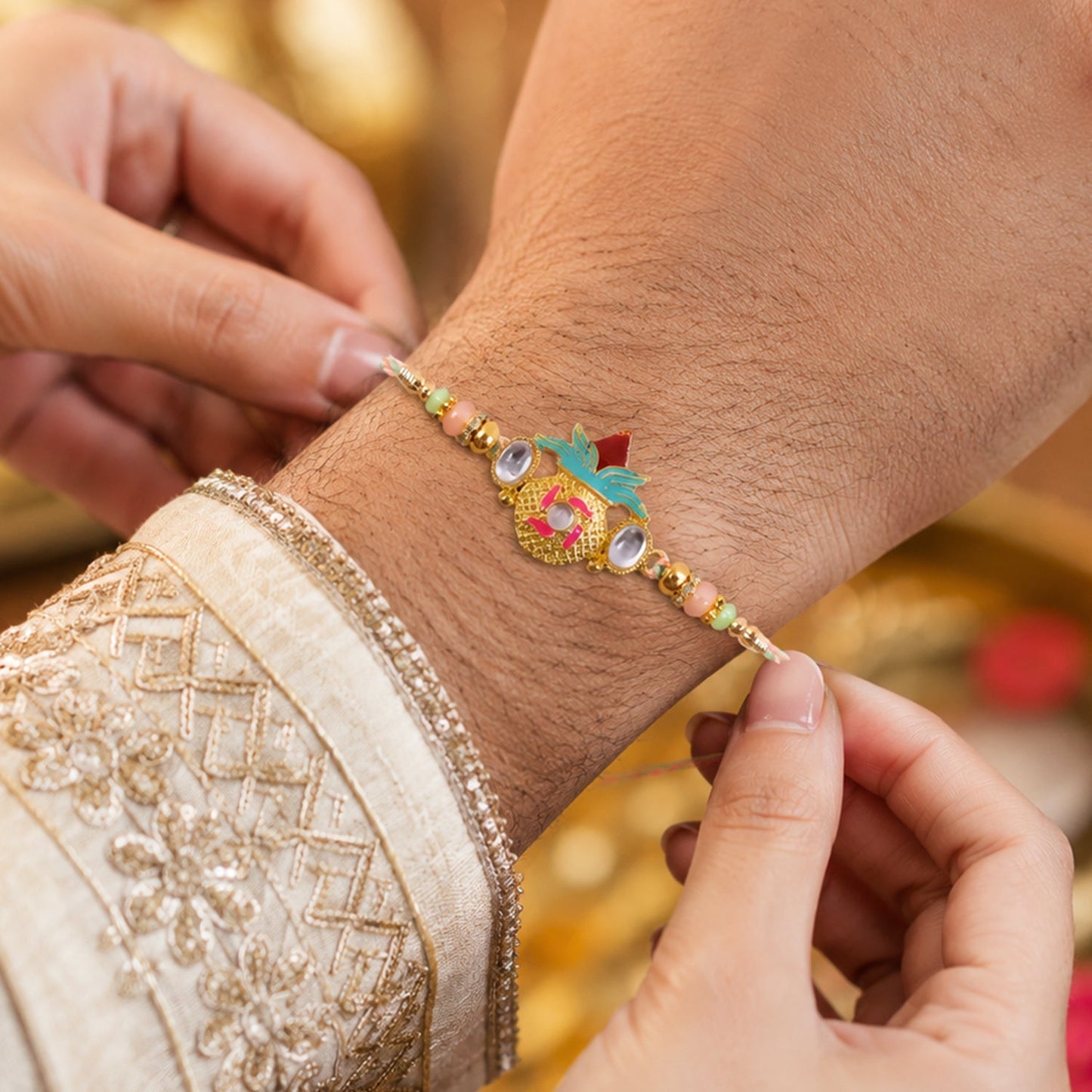 Detailed beads and kundan design on Kalash Kundan Rakhi