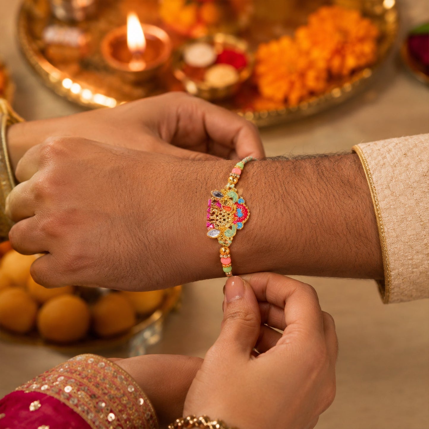 Vibrant elephant beaded rakhi on white background