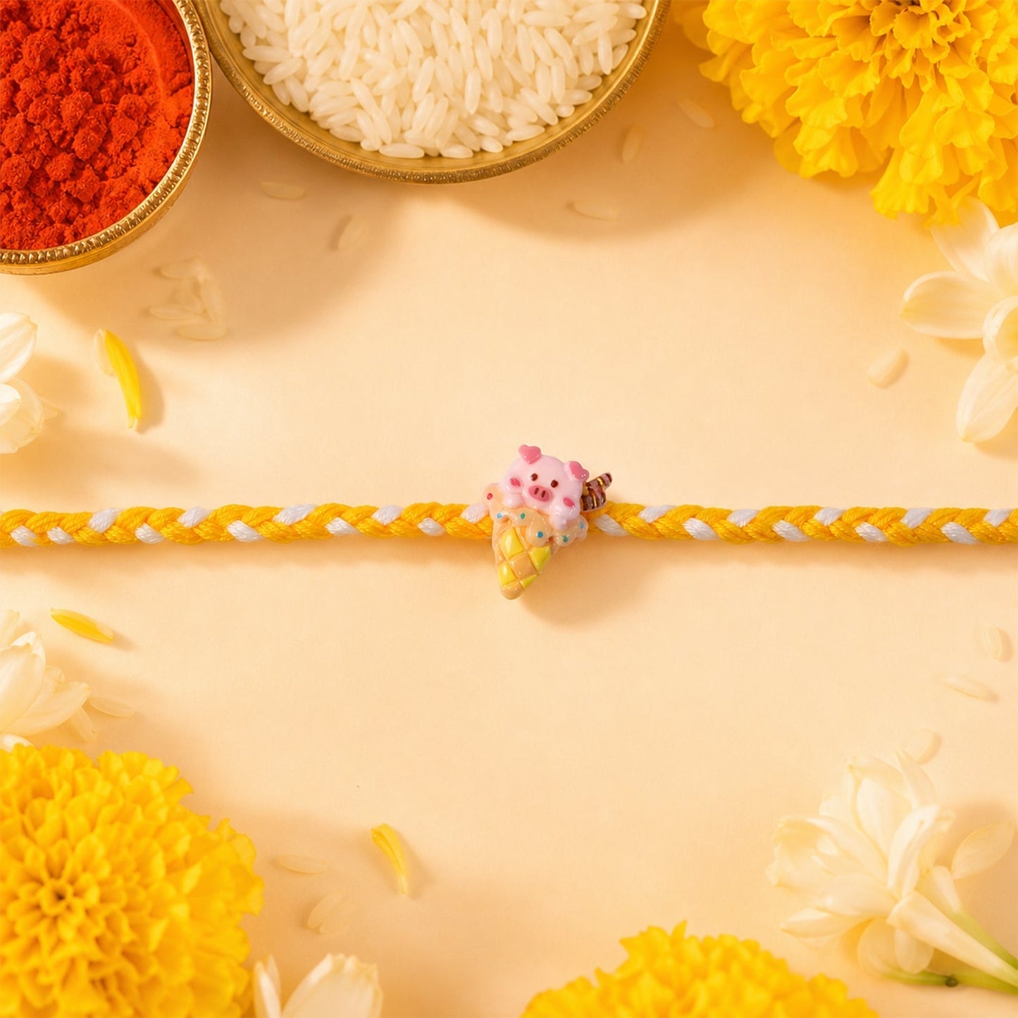 Close-up of pig and ice cream motif on the festive Rakhi.