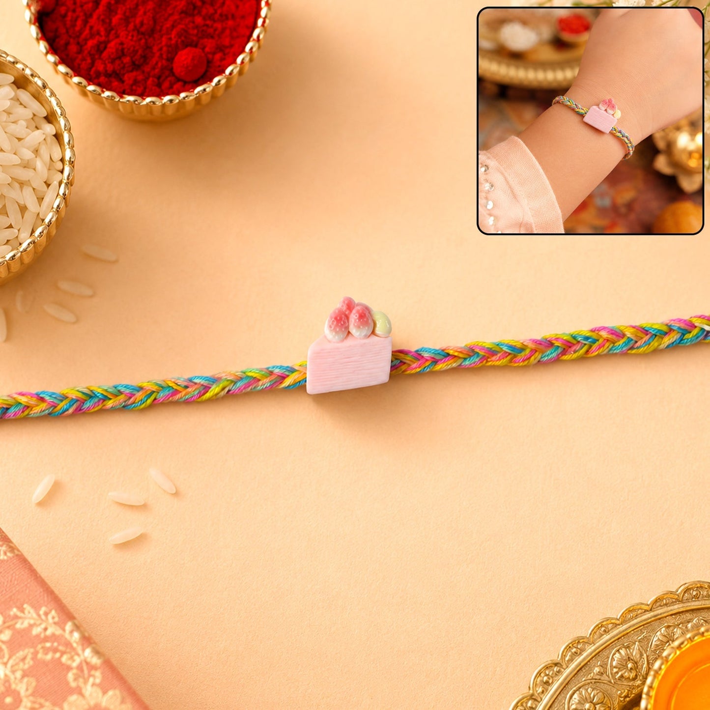 Full view of Strawberry Cake Charm Fancy Dori Rakhi for brothers