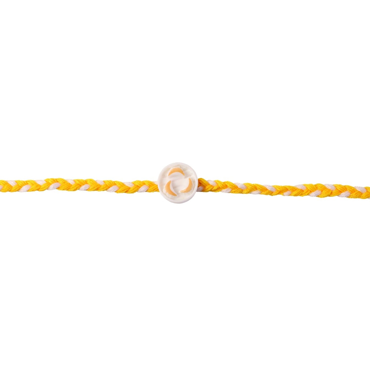 Decorative elements of White Round Charm Fancy Dori Rakhi for festive appeal