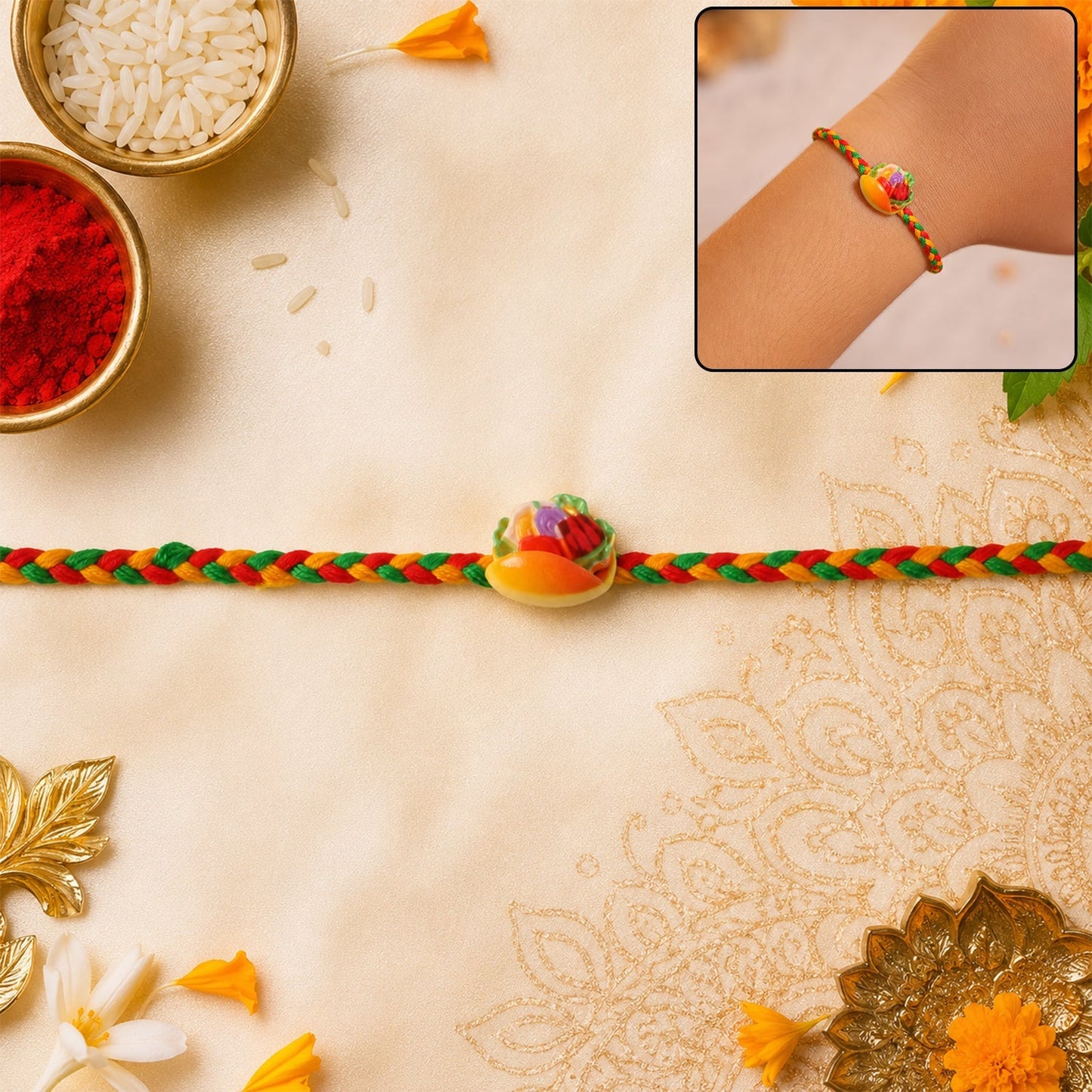 Colourful fruit Dori Rakhi for brother, showcasing its vibrant design.