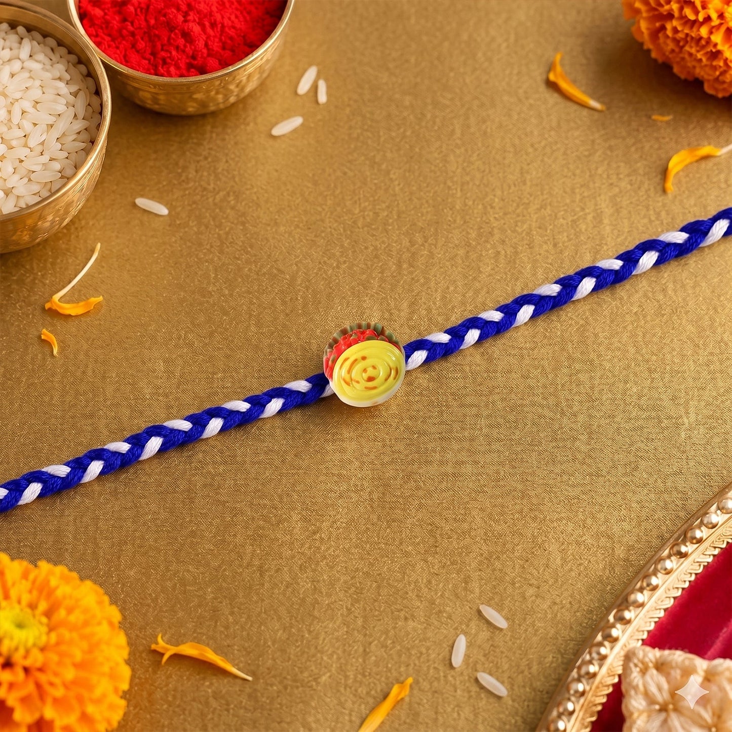 Side view of Yellow Sweet Dessert Dori Rakhi tied and ready